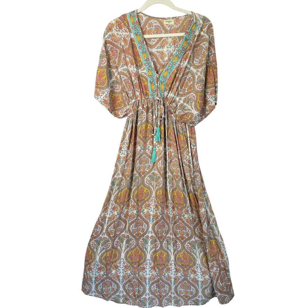World Market Boho Maxi Dress Womens S/M Pnk Teal Bell Sleeves